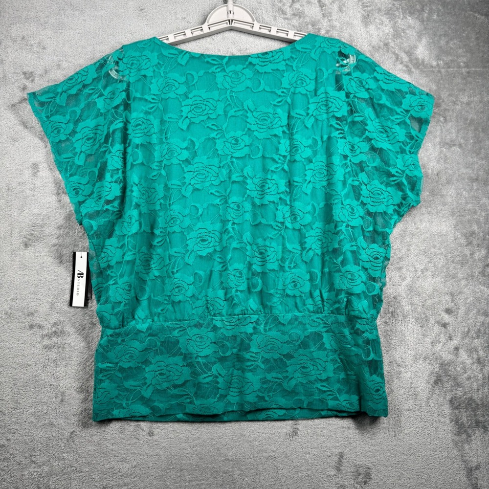 AB Studio Blouse L Green Lace Blouson Top Sheer Lined Overlay Banded Waist‎ Chic - Picture 3 of 12